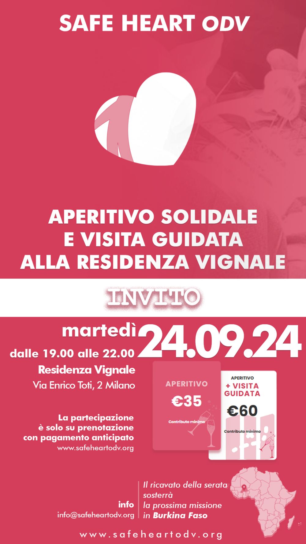 Il 24 settembre a Milano l'organizzazione di volontariato (per la cura delle patologie cardiovascolari) SAFE HEART ODV presenta l'APERITIVO SOLIDALE E VISITA GUIDATA ALLA RESIDENZA VIGNALE!